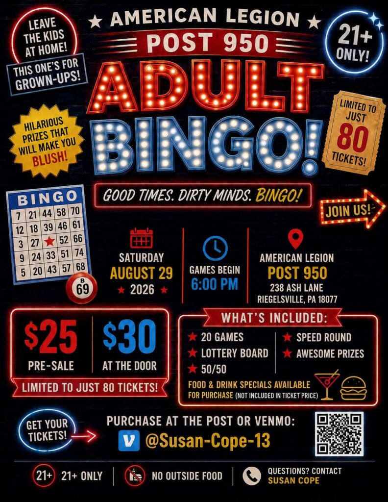 ALP 950 Adult Bingo, Saturday, August 29, 2026, 6:00 PM.  21+ years old ONLY