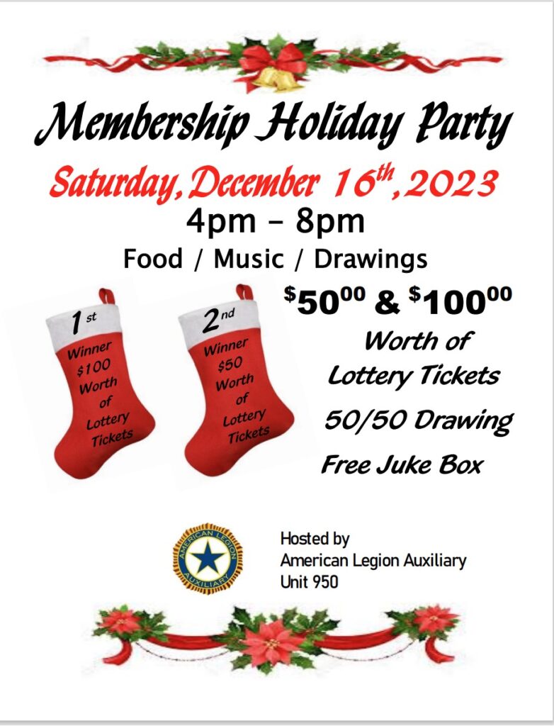 Membership Holiday Party, Saturday, 12-16-2023, 4-8 PM