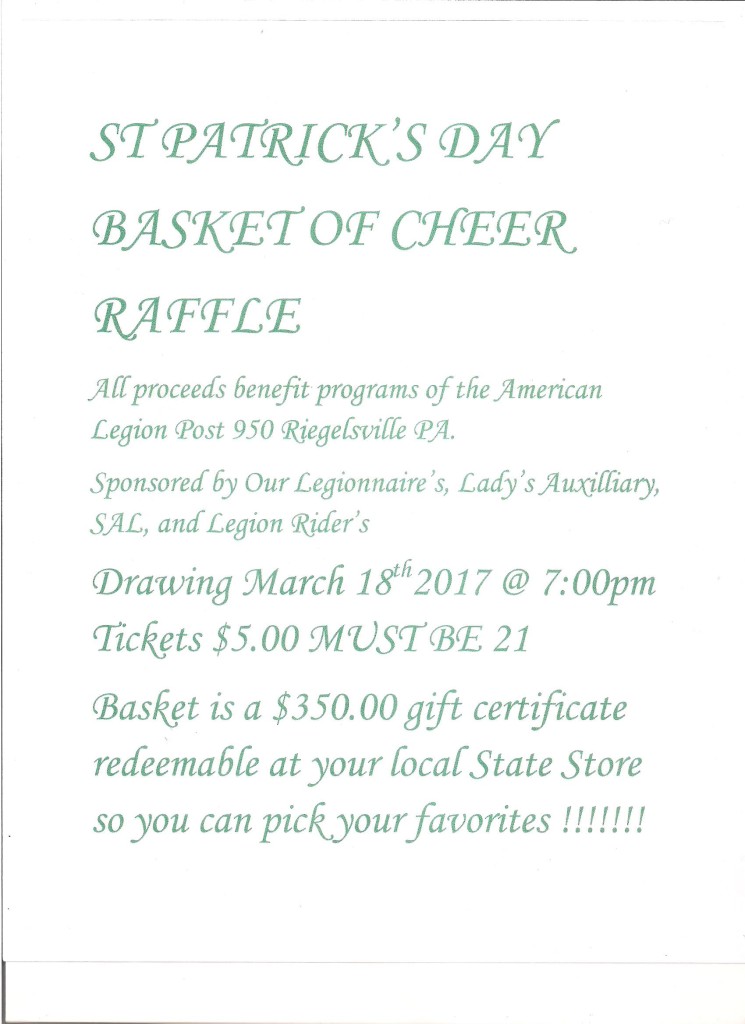 St Patrick's Day Basket of Cheer Raffle 2017