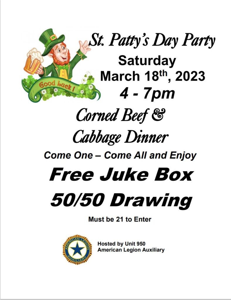St. Patty's Day Party, Saturday, 03-18-2023, 4-7PM